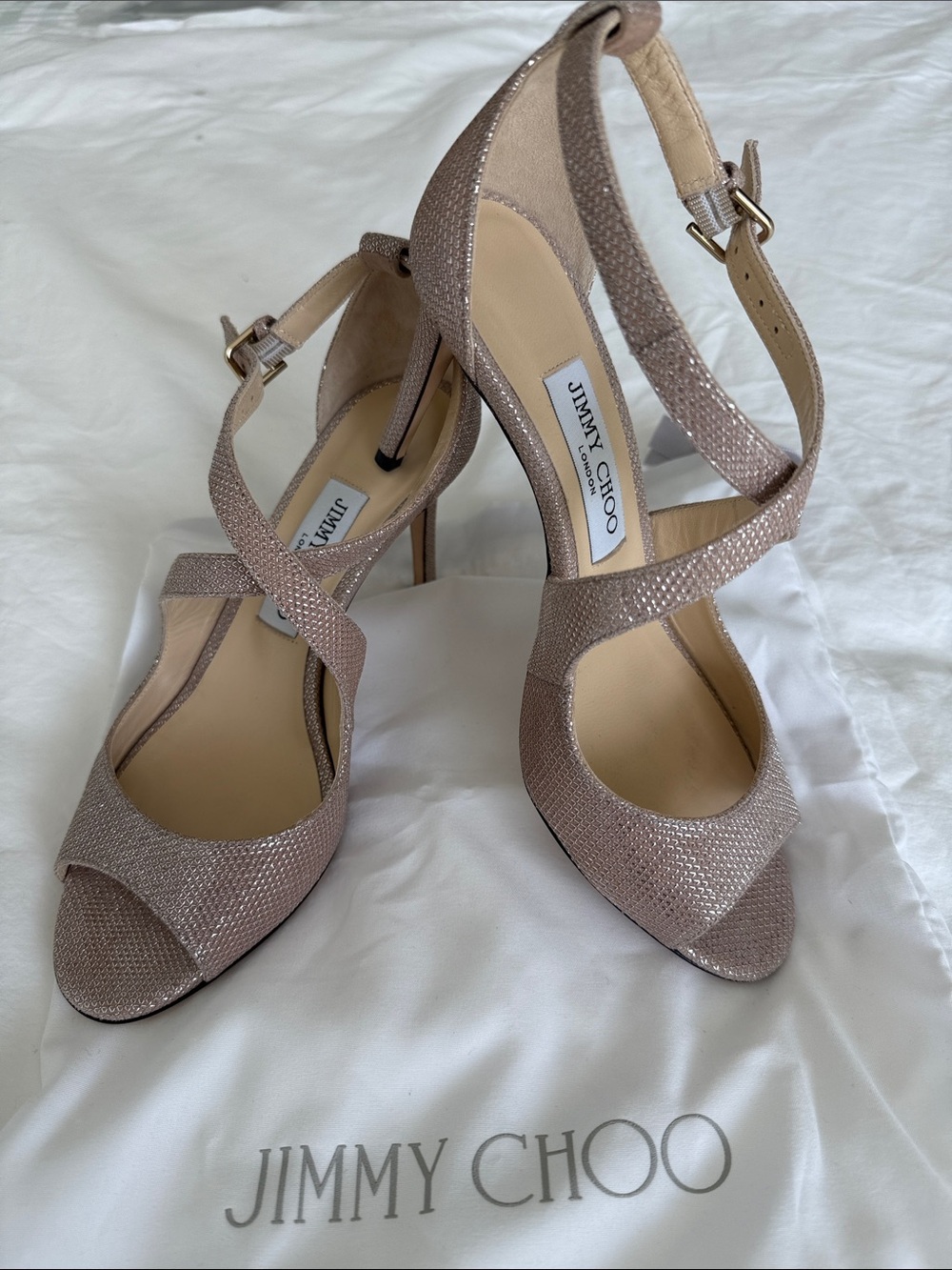 Jimmy Choo Rose Tone with Silver Strappy Stiletto Sandals